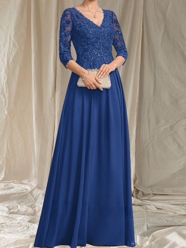 A-Linje Brudens Mor Klänning Bröllop Gäst Elegant V-Hals Golvlängd Chiffon 3/4 Längd Ärmar med Pärla Applikationer