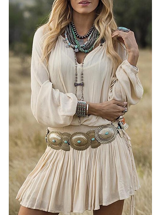  Femmes Mini Robe Robe Décontractée Robe froncée Robe occidentale Mode Manches bouffantes Extérieur Quotidien Week-end Coupe régulière Géométrique manche longue Col en V Blanche Été