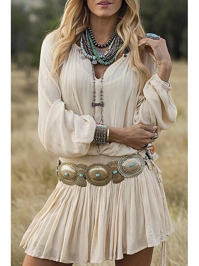 Women's Mini Dress Casual Dress Ruched Dress Western Dress Fashion Puff Sleeve Outdoor Daily Weekend Regular Fit Geometric Long Sleeve V Neck White Summer4