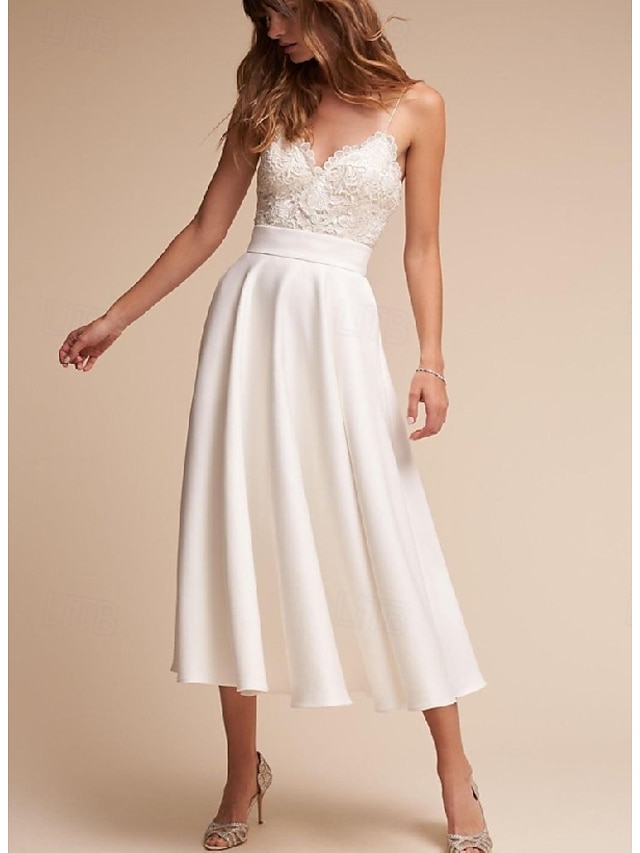  Engagement Little Graduation White Dresses Wedding Dresses A-Line V Neck Spaghetti Strap Sleeveless Ankle Length Chiffon Bridal Gowns With Sash / Ribbon 2025