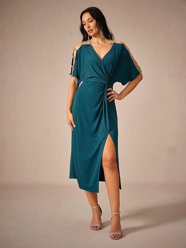  Femme Robe mi-longue Robe en maille Elégant mode Soirée Rendez-vous Standard Couleur unie Manche Courte Col V Bleu Encre Eté