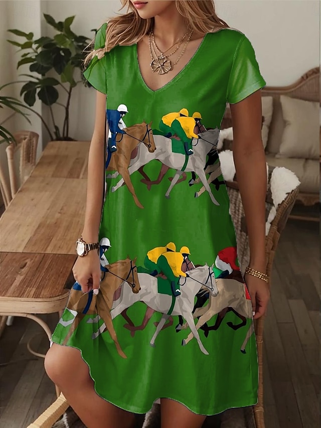 Sukienka Mini Kentucky Derby Damska Sukienka A Linie Sukienka T-Shirt Sukienka Tee Letnia Sukienka Casual Wakacyjna Codzienna Data Regular Fit Graficzny Zwierzę Krótki Rękaw V Dekolt Zielona Lato