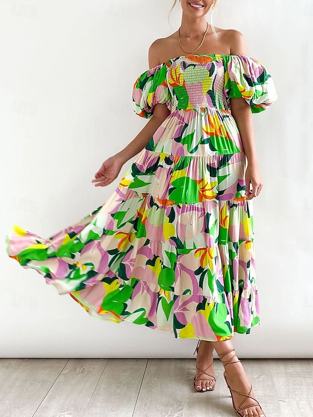  Ženské plus size maxi šaty A-linie šaty mléčná sláma šaty off the shoulder šaty s puff rukávy dovolená outdoor každodenní běžný střih jednobarevné krátký rukáv off shoulder žlutá světlá