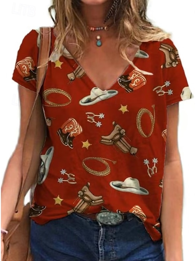  Femmes Hauts d'été Graphique Tribal Mode Western Occasionnel Manche Courte Col en V Hauts Réguliers Quotidien Sortir Week-end Patchwork Imprimé Rose Claire Rouge Gris Clair Été Printemps