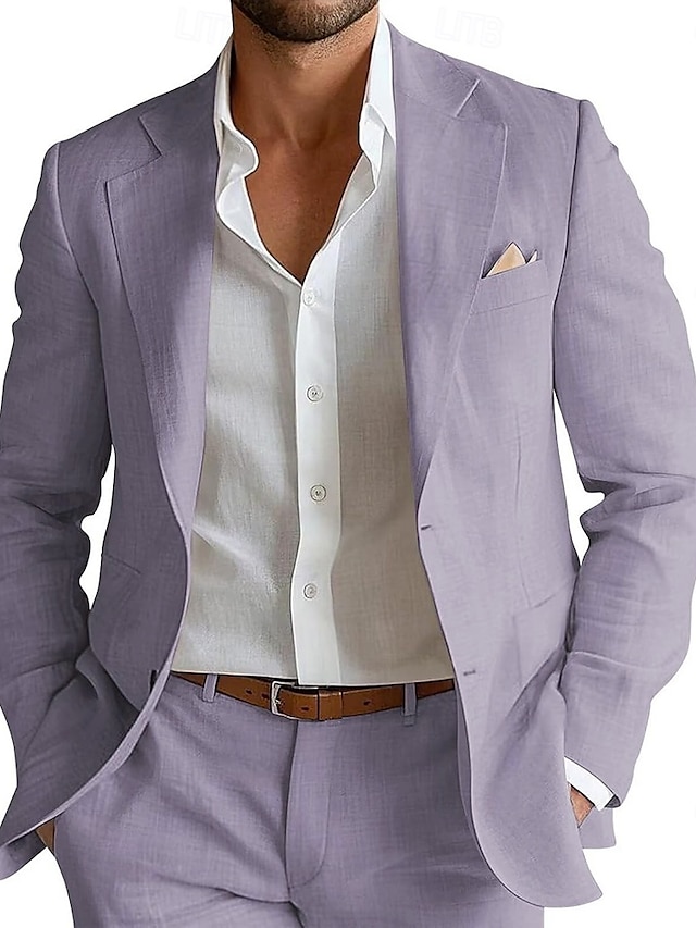  Pour des hommes Mariage Occasionnel Costumes en lin Vert Sauge Lilas Léger Couleur Unie Coupe Standard 2 pièces Simple boutonnage un bouton