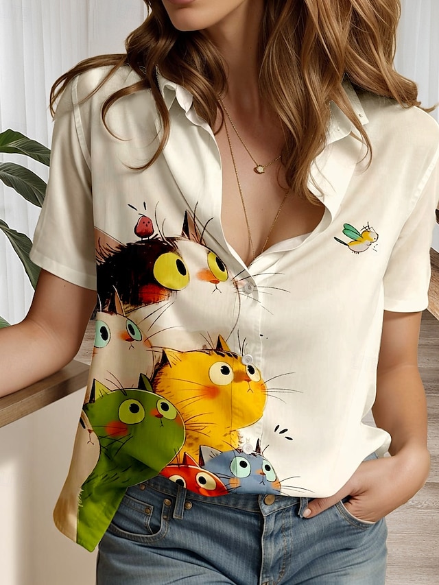  Damenhemd Langarm Button-Down Bluse Grafik Tier Katze Alltag Stilvolles Kurzarmhemd Kragen Regulär Oberteile Alltag Beige Sommer Frühling