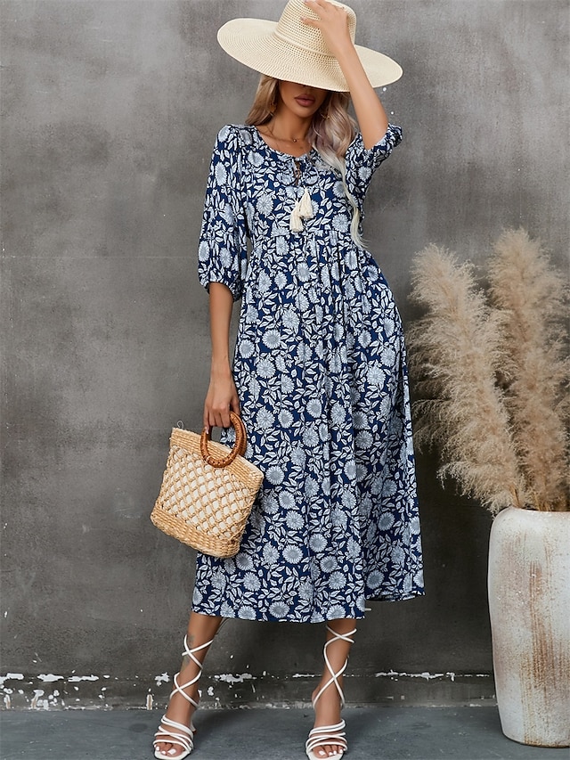  Abito Midi Donne Abito A Line Abito Fit And Flare Bohemia Vacanza Maniche A Lanterne Casual Quotidiano Fit Regolare Grafica Mezza Manica Collo a V Blu Navy Estate Primavera