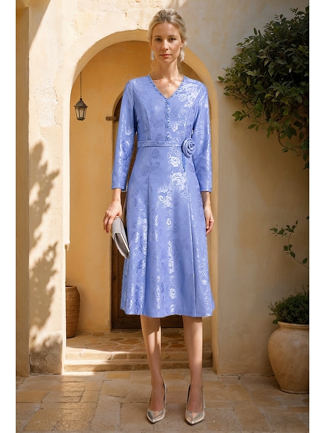  A-Line Dress Mother of the Bride Beaded Dress Elegant Vintage Simple V Neck Tea Length Jacquard Long Sleeve with Flower Wedding Guest Dress