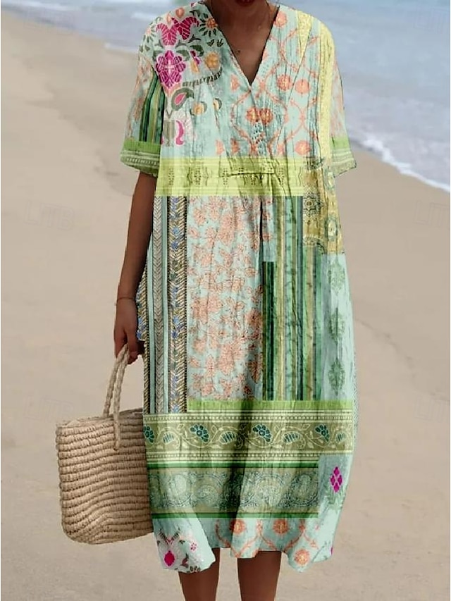 Femmes Robe Midi Robe d'Été Vacances Occasionnel Chaussures de plage Quotidien Sortir Coupe Ample Graphique Tribal Manche Courte Col en V Rose Claire Violet Vert Été
