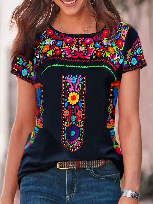  Women's T Shirt Peasant Blouse Floral Bohemia Active Western Short Sleeve Crew Neck Regular Tops Daily Print Black Wine Blue Gray Summer