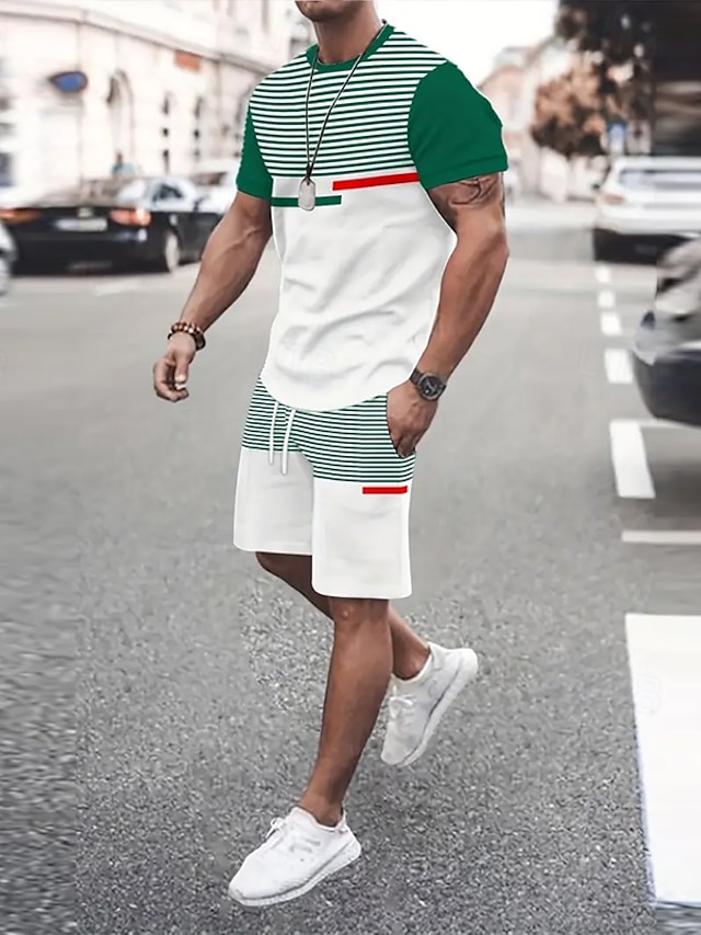  Voor heren Horizontale stroken 2 stuks T-shirts sets Zomer tops Korte mouw Korte broek Strakke ronde hals Sport Casual Buiten Vakantie Urheilu 3D-afdrukken Zomer Blauw Groen
