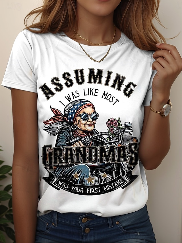  Pentru femei Tricou Grafic Scrisă Stilat Casual Manșon scurt Rotund Topuri obișnuite Zilnic Sfârșit de săptămână Imprimeu Alb Vară Primăvară Grandmas Motorcycle