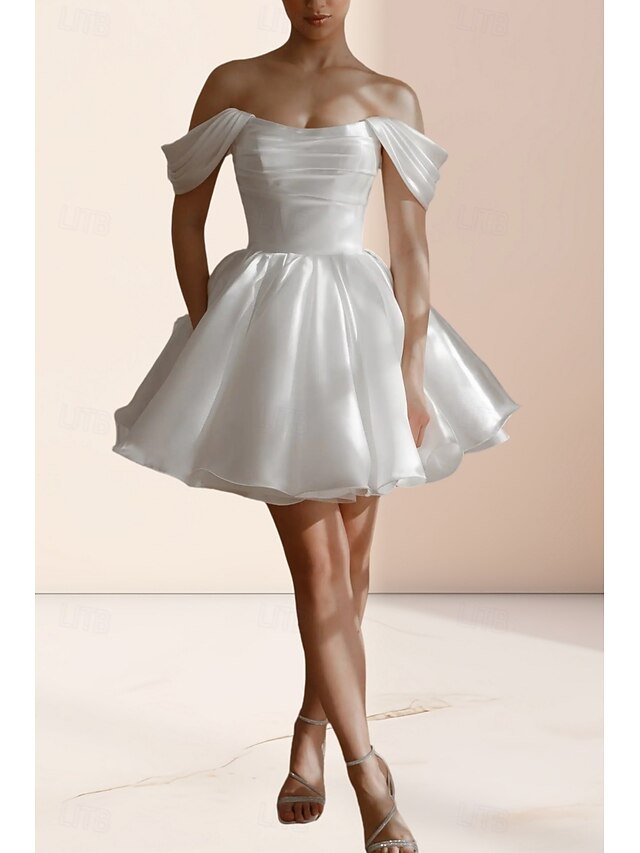  Engagement Little Graduation White Dresses Wedding Dresses A-Line Off Shoulder Short Sleeve Short / Mini Satin Bridal Gowns With Pleats Ruched