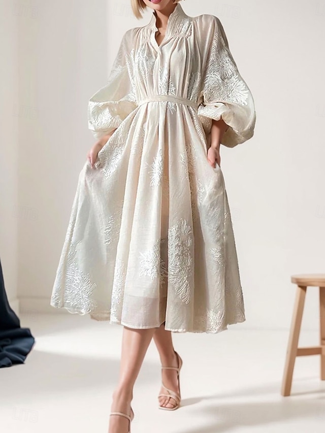  Robe Mère de la Mariée Élégante Vintage Simple Décolleté en V Longueur Thé Mélange de Coton Manches Longues avec Broderie Robe Midi Robe d'Invitée de Mariage