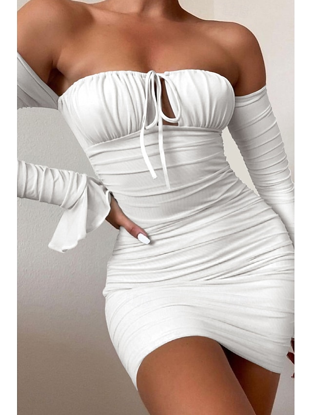  Women's Mini Dress White Dress Graduation Dress Bodycon Elegant Fashion Birthday Graduation Date Regular Fit Plain Long Sleeve Off Shoulder Black White Light Green Wine Summer