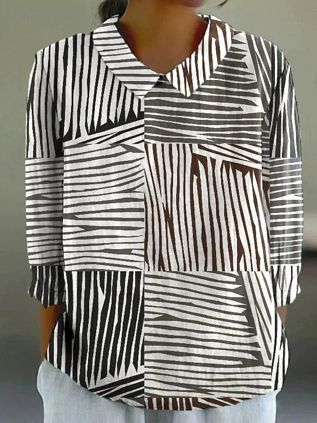  חולצת נשים עם שרוול ארוך צבע פטר פן קז'ואל גיאומטרית בוהמיה יומיומית אופנתית צווארון רגיל גופיות יומיומיות הדפס כפתורים שחור צהוב אדום כחול בז' קיץ אביב