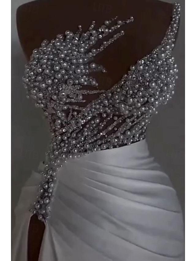  Robe du soir sirène  trompette élégante robe carnaval masquée longueur de sol sans manches décolleté épaule dénudée satin avec perles jupe overskirt