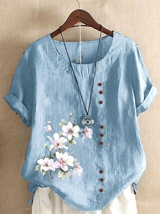 Women's 100% Cotton Shirt Blouse Floral Linen Vintage Casual Short Sleeve Crew Neck Regular Tops Daily Going out Buttons Print Light Blue Summer Spring4