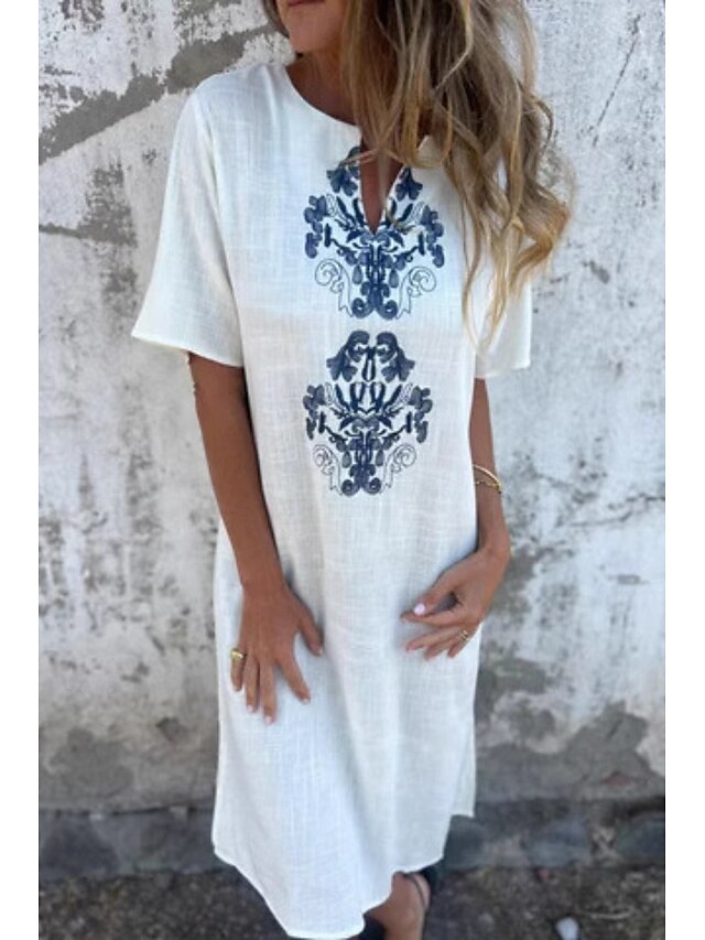  Per donna Abito Midi Abito in cotone e lino Moda Essenziale Quotidiano Uscire Spiaggia Vestibilità regolare Fiore Manica Corta Scollo a V Bianco Giallo Rosa Vino Estate