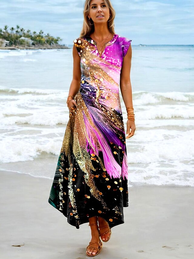 Women's Maxi Dress Sundress Shift Dress Vacation Boho Beach Party Beach Standard Fit Ombre Graphic Galaxy Sleeveless V Neck Pink Summer Spring4