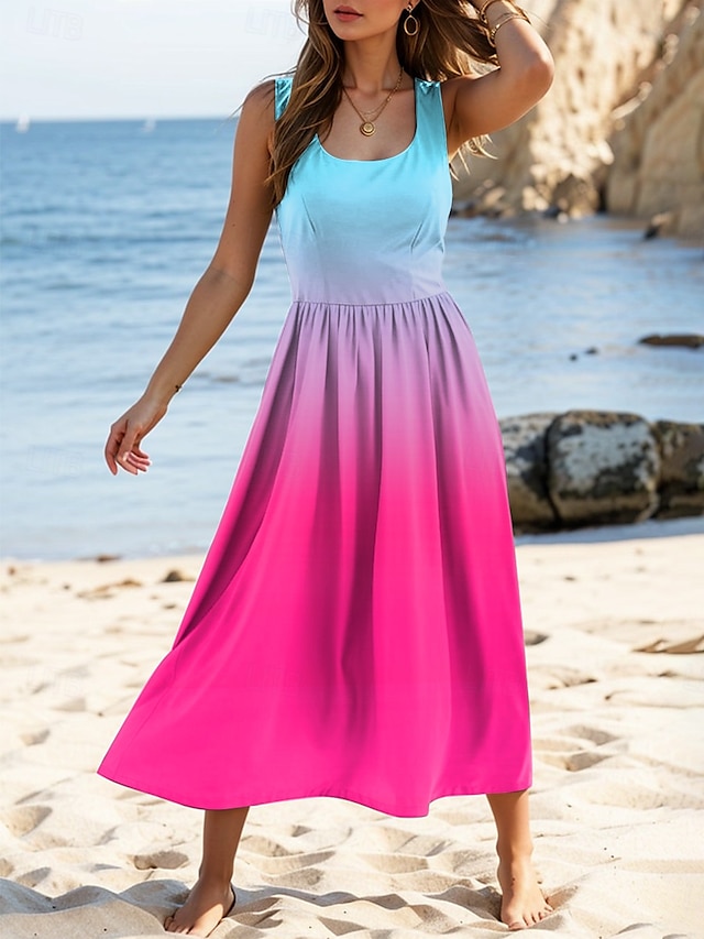  Damen Midikleid Sommerkleid Lässig Täglich Normale Passform Grafik Farbverläufe Ärmellos U-Ausschnitt Rote Sommer