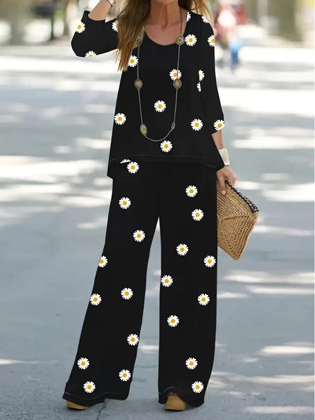 Women's 2 Pieces Basic Neon & Bright Shirt Blouse 3/4 Length Sleeve V Neck Floral Print Casual Linen Like Black Summer Regular Fit4