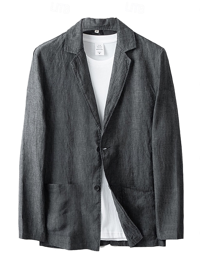  herreblazer i 100 % lin, dresser, bryllupsdag, ferie, elegant, nøytral, vår og høst, bomull, lin, ensfarget, knapper, komfortabel, enkeltspent blazer med to knapper, mørkegrå, marineblå