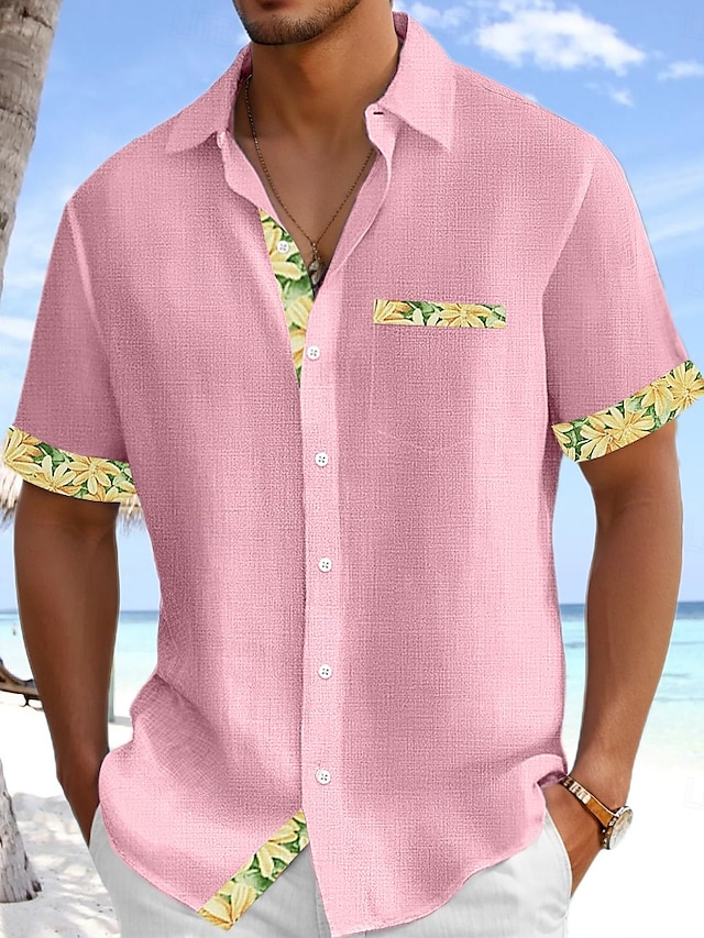  Homme Chemise Chemise en lin Chemise d'été Chemise de Plage Chemises non rentrées Plaid Vacances Fête Vert Claire Rose Claire Vert Bleu clair Manche Courte Col Été Vêtement Tenue