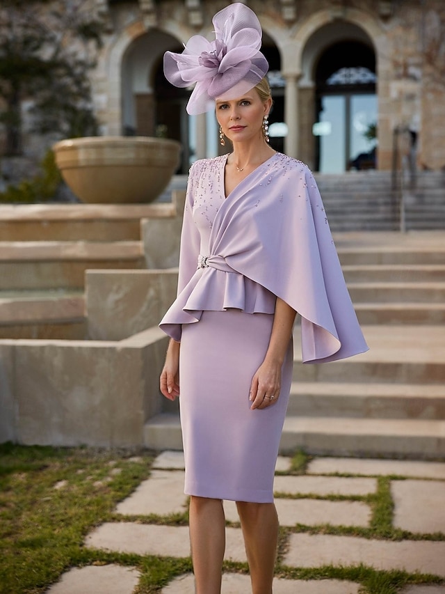  Lavendel Perlen Column Brautmutterkleid Elegant Vintage V-Ausschnitt Tee Länge Stretch-Stoff Halbärmel mit Spitzenperlen Etagen Midi Kleid 2025