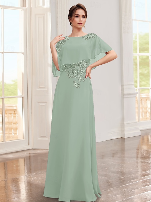  A-Line Dress Mother of the Bride Dress Elegant Jewel Neck Floor Length Chiffon Lace Half Sleeve with Appliques Solid Color