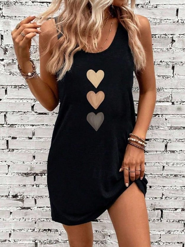 Damen Mini Kleid Sommerkleid Urlaub Lässige Strand tägliche lockere Passform Herz Grafik ärmellos U-Ausschnitt Schwarz Sommer