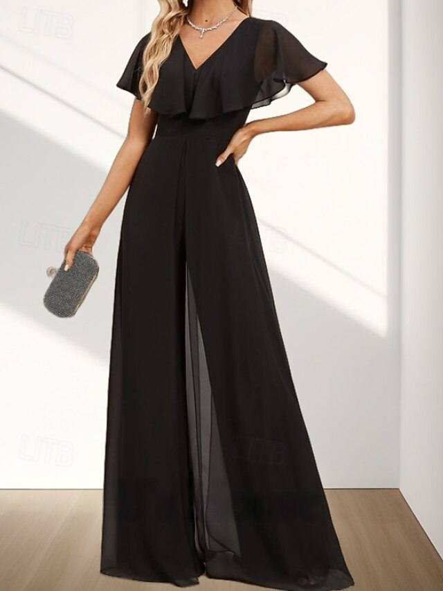 V-Neck Puffy Half Sleeves Chiffon Wedding Pantsuit/Jumpsuit