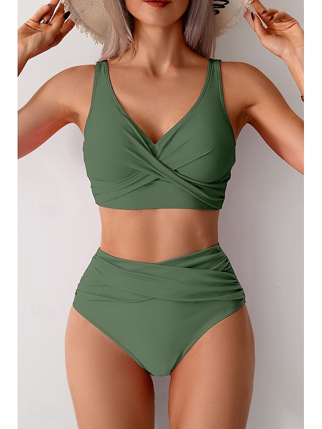  Femmes Maillots de Bain Bikini Maillot de bain Froncé Taille haute Tropical Tenues de plage Uni Fil en V Sans manches Maillots de bain
