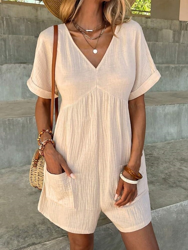  Rompers pour femmes couleur unie manches courtes col en V poches vacances quotidien coupe régulière noir vert abricot été