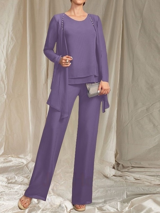  Jumpsuit / Pantsuit 3 Piece Mother of the Bride Dress Wedding Guest Elegant Crew Neck Floor Length Chiffon Long Sleeve with Beading