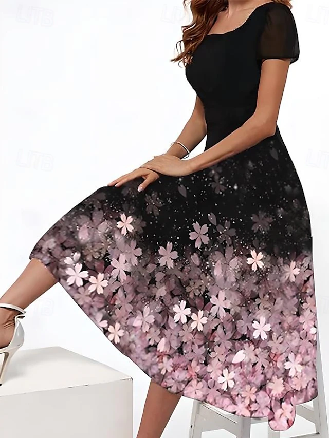 Women's Casual Dress Floral Print Square Neck Midi Dress Vacation Short Sleeve Summer 7