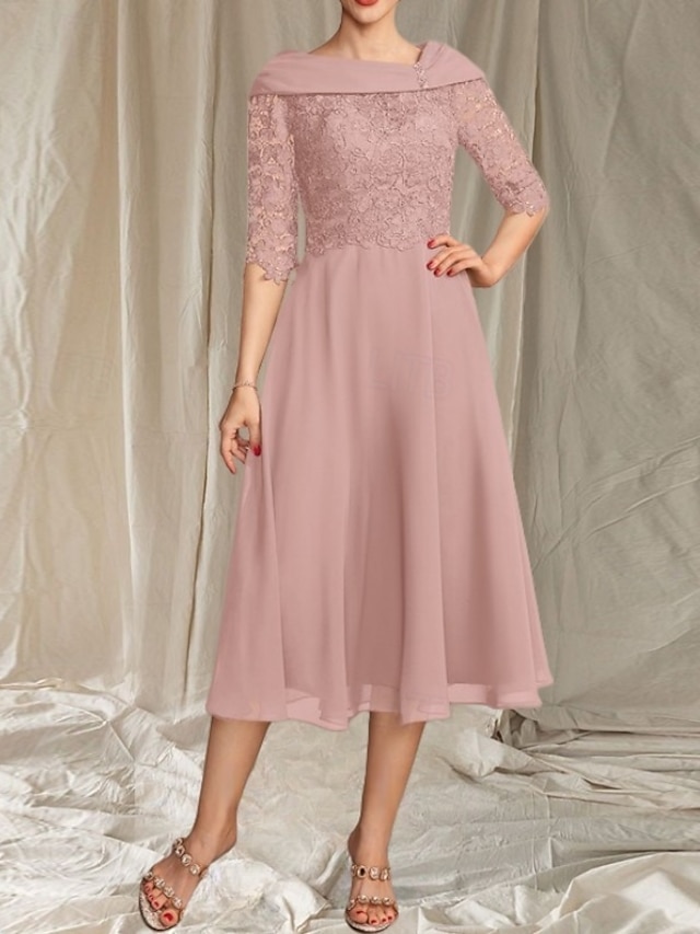  A-Linie Brautmutterkleid Hochzeitsgast Elegante gewellte Ausschnitt Tee-Länge Chiffon Spitze Halbarm mit Spitze Perlen Midi Kleid 2025