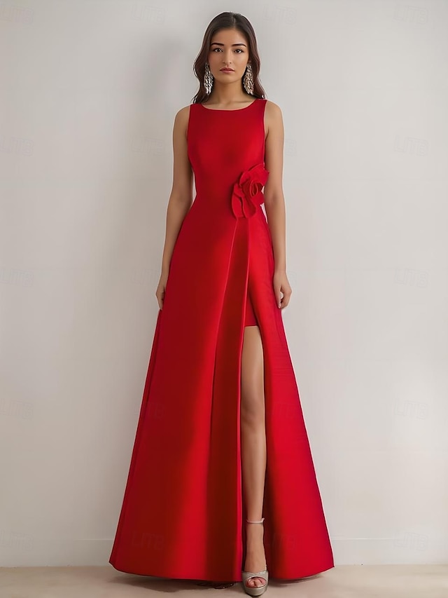  A-Line Evening Gown Elegant Dress Formal Wedding Floor Length Sleeveless Crew Neck Satin with Slit 3D Flower