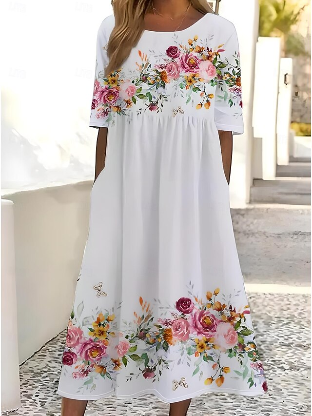 Women's Midi Dress Sundress Summer Dress Slip Dress Vacation Casual Beach Birthday Daily Holiday Loose Fit Floral Graphic Short Sleeve Crew Neck White Summer4
