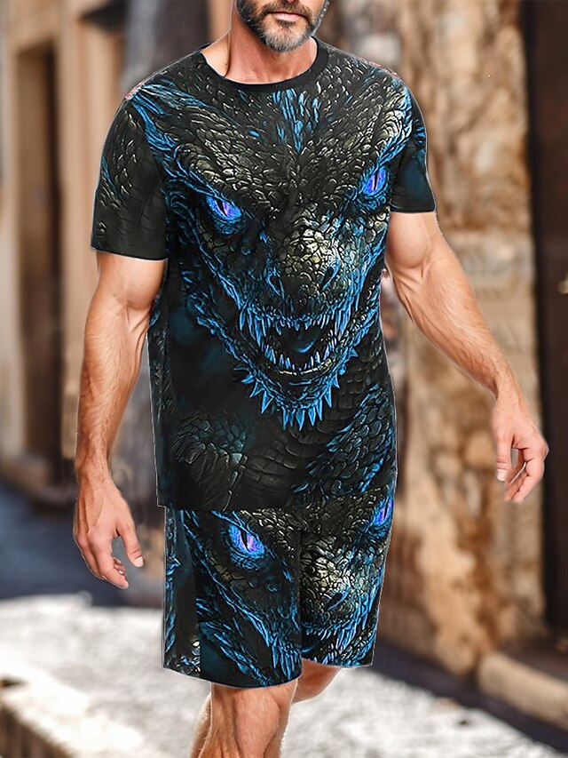  Homme Dragon 2 pièces Ensembles de tees Hauts d'été Manche Courte Pantalon court Col ras du cou Sport street style Extérieur Rue Sport Impression 3D Été Noir Jaune Bleu