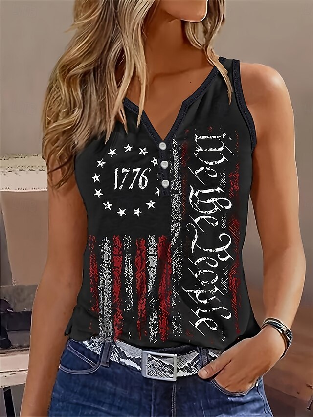 Women's Patriotic  Camisole Tank Top Flag Daily Stylish Sleeveless Notched Neck Regular Tops Daily Holiday Buttons Print Black Summer4