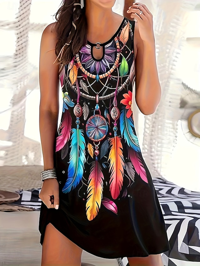  Women's Mini Dress A Line Dress Summer Dress Vacation Casual Daily Regular Fit Graphic Tribal Sleeveless Crew Neck Black Summer