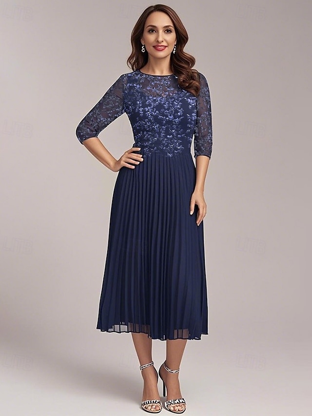  Robe Mère de la Mariée A-Line Élégante Simple Décontractée Col Ronde Longue en Chiffon À Manches Mi-Longues avec Appliques Florales en Dentelle Plis de Genoux Printemps Été Robe Midi 2025