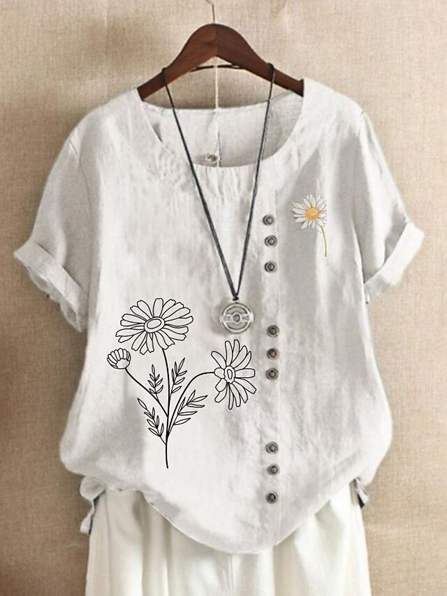 Women's Shirt Blouse Floral Graphic Elegant Daily Short Sleeve Crew Neck Regular Tops Daily Linen Like Print White Pink Dusty Blue Summer4