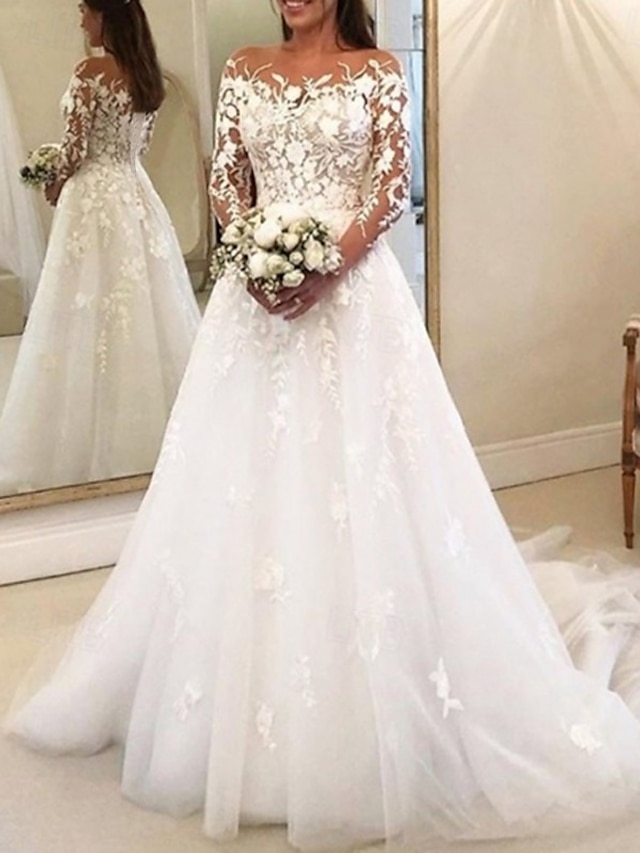  Beach Wedding Vintage Formal Wedding Dresses Ball Gown Off Shoulder Long Sleeve Chapel Train Lace Bridal Gowns With Buttons Appliques 2025