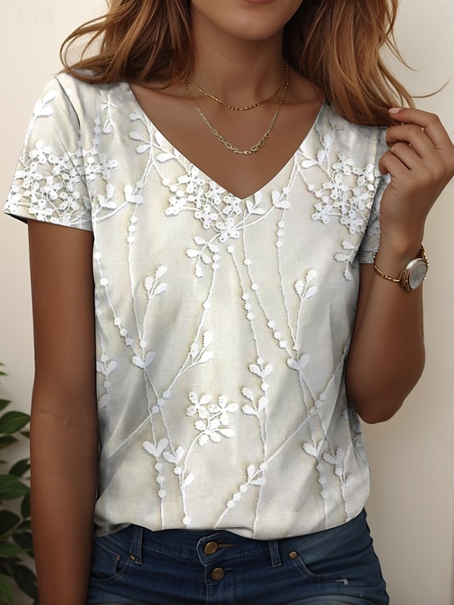 Women's T Shirt Ombre Floral Graphic Casual Short Sleeve V Neck Regular Tops Daily Print White off-white Summer Spring