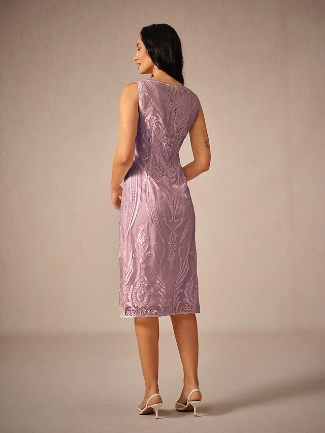  Femmes Robe Midi Robe en Dentelle Robe de Soirée Robe d'invité de mariage Robe fourreau Élégant Soirée robe demoiselle d honneur Cocktail Coupe Ample Couleur Unie Sans manches Épaules Dénudées Rose