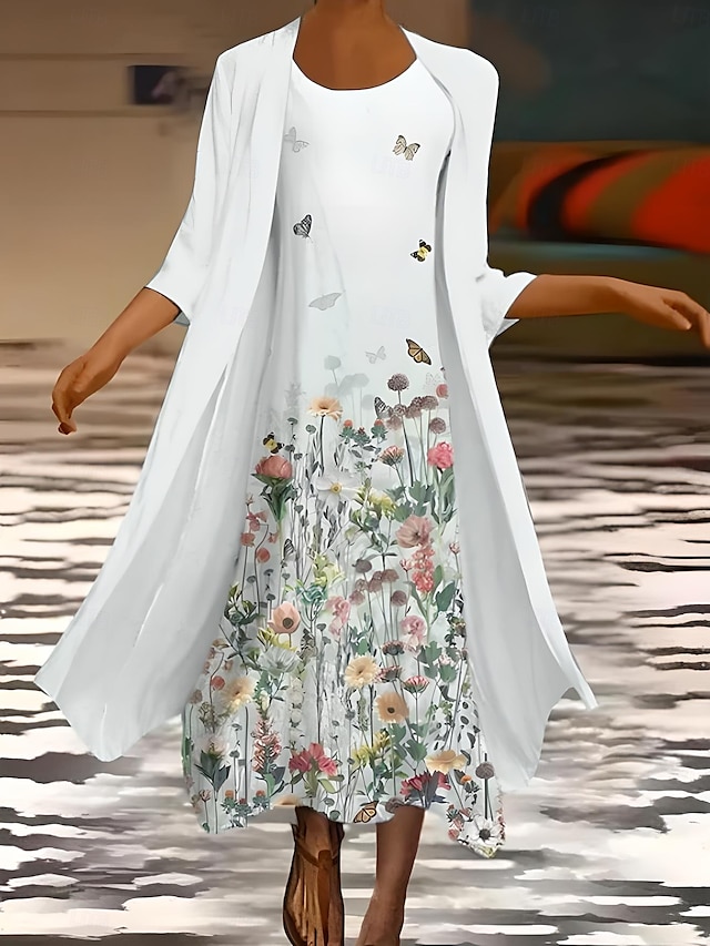  Ensemble de robe pour femmes robe maxi robe d'été vacances décontracté imprimé floral ombragé manches 3/4 col rond invitée de mariage blanc bleu ciel été printemps coupe régulière