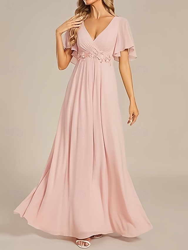  Linha A Vestido de Madrinha Decote V Manga Curta Elegante Longo Chiffon com Apliques / Franzido 2022