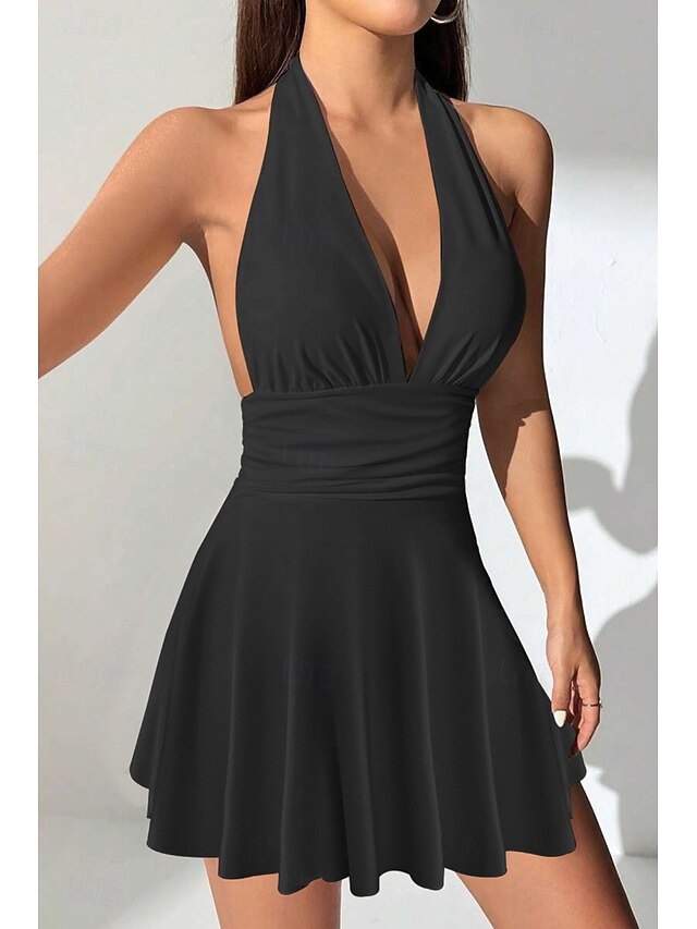  Femmes Mini Robe Robe Blanche Robe de remise des diplômes Mode Extérieur Anniversaire Remise des Diplômes Coupe régulière Uni Sans manches Col Halter Noir Blanche Rouge Été